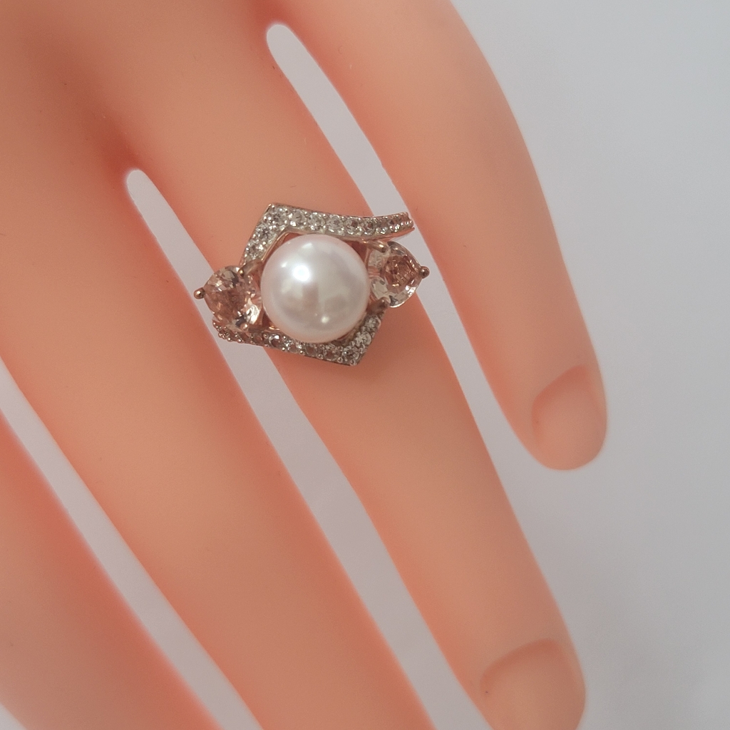Bbj Sterling Silver 925 Culture Pearl & Morgatine 18k Rose Gold Plate Ring 5